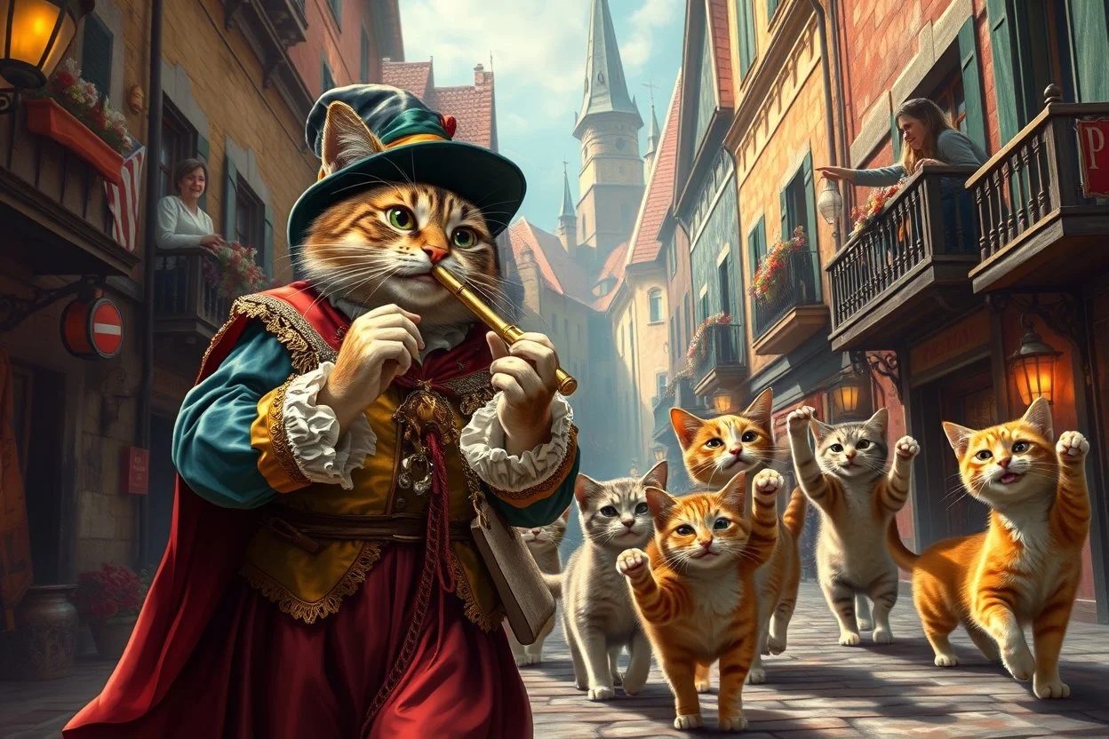 create "The Cat Pied Piper of Hamelin, whimsical and colorful Renaissance attire, playing a golden flute, leading playful and mischievous cats through vibrant, cobbled Renaissance streets, people on balconies laughing and pointing, surreal lighting, dreamlike vibe, highly detailed, vivid colors, painterly style, 8K, magical realism meets historical fiction --v 7 --ar 4:3 --style raw --q 2"