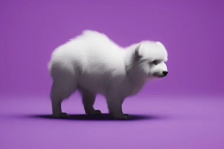 A photo of a white fur monster standing in a purple room