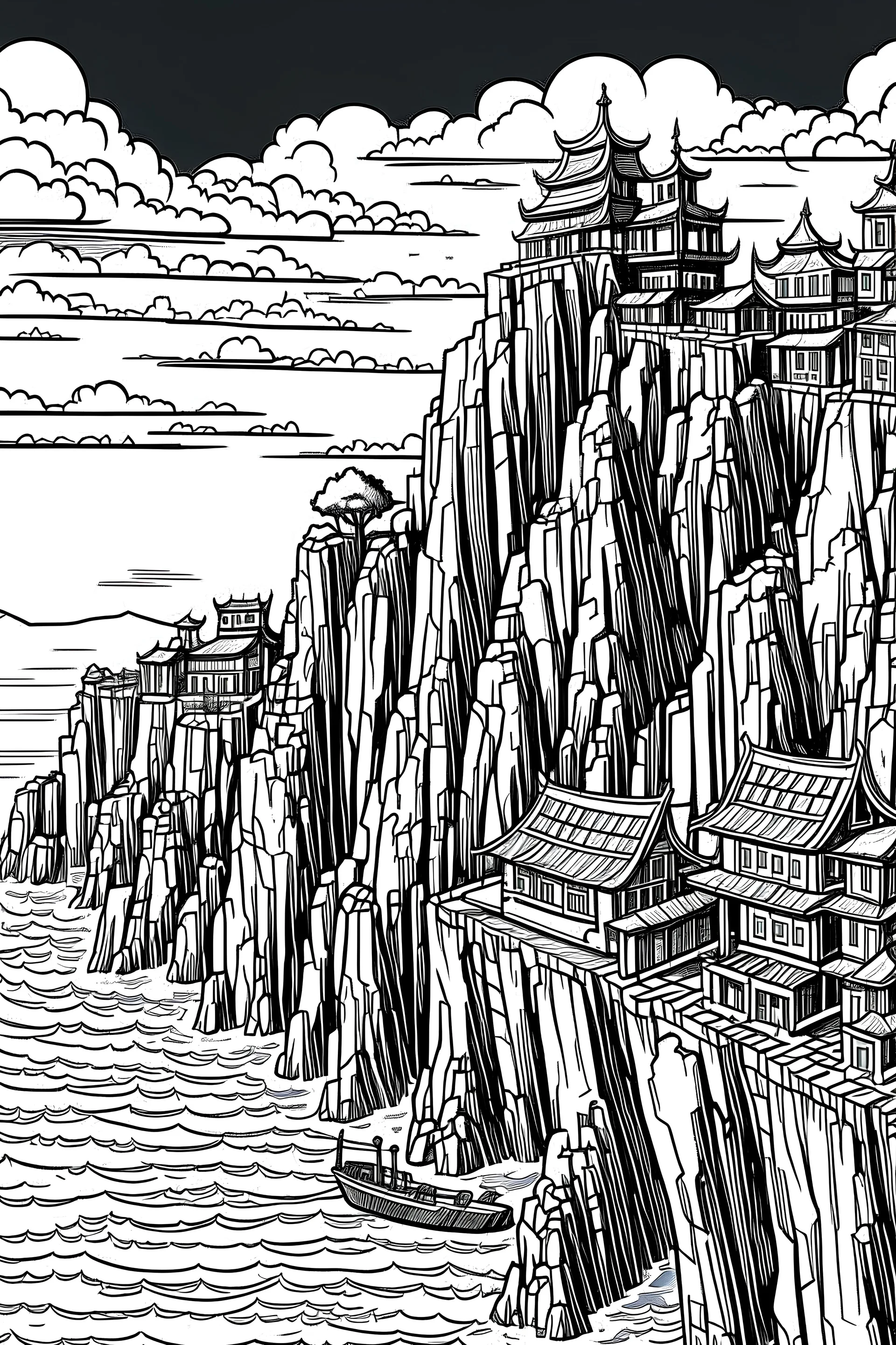 A village on a steep cliff high above water, black and white, in the style of Hokusai