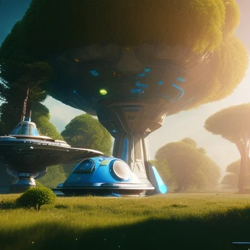 Spaceship landed on futuristic planet, sunny day. clear blue sky, cascade; trees. Elegant. Extremely detailed. Award winning photography. Fantasy. 8k. Cinematic lighting. Photorealistic. Dynamic lighting. Imperial colors. Crisp quality. Unreal Engine. Colourful cinematic postprocessing. Pixar. VRay.