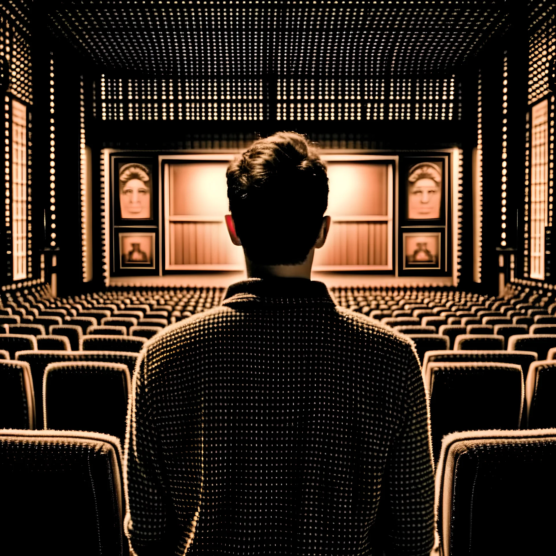 the guy's back in the cinema in front of the screen. Make it cinematic and in sepia