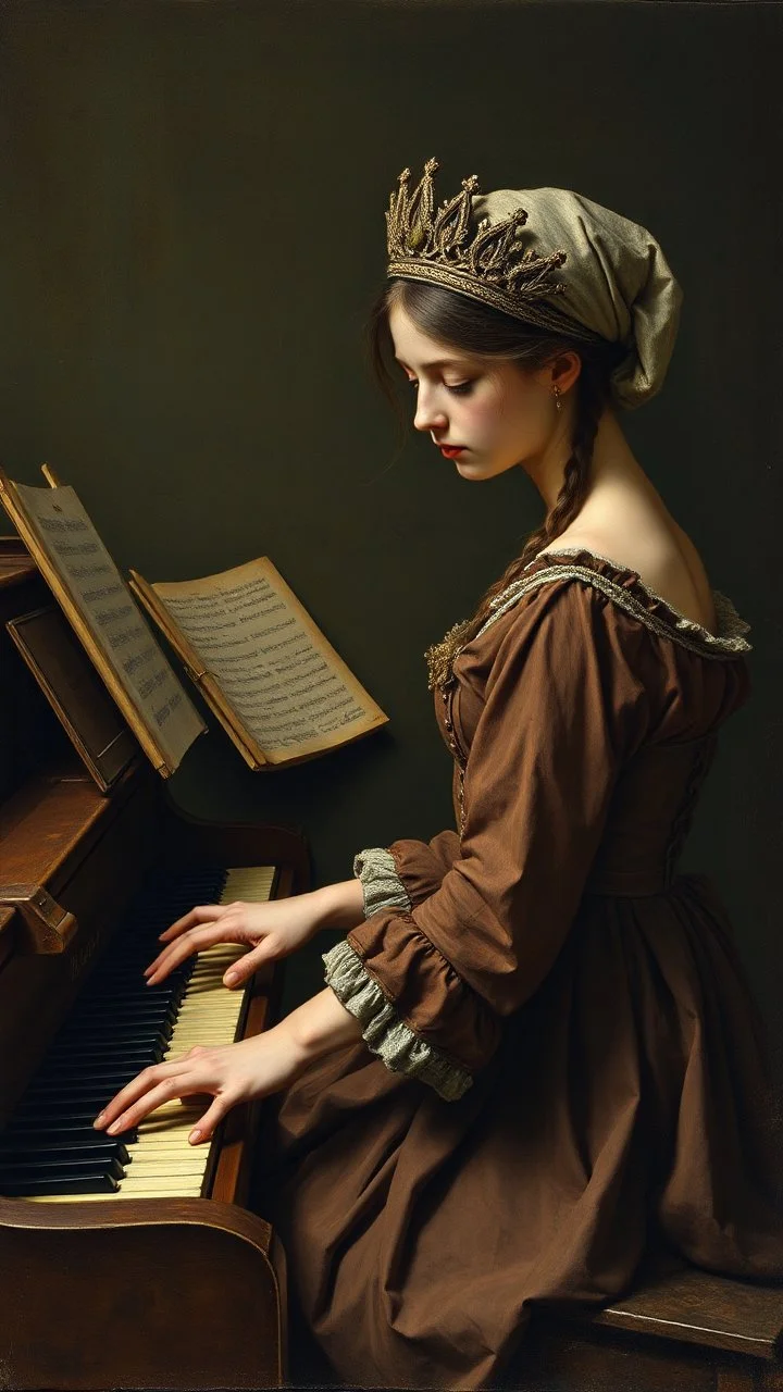 Hieronymus Bosch style , a young women playing the piano