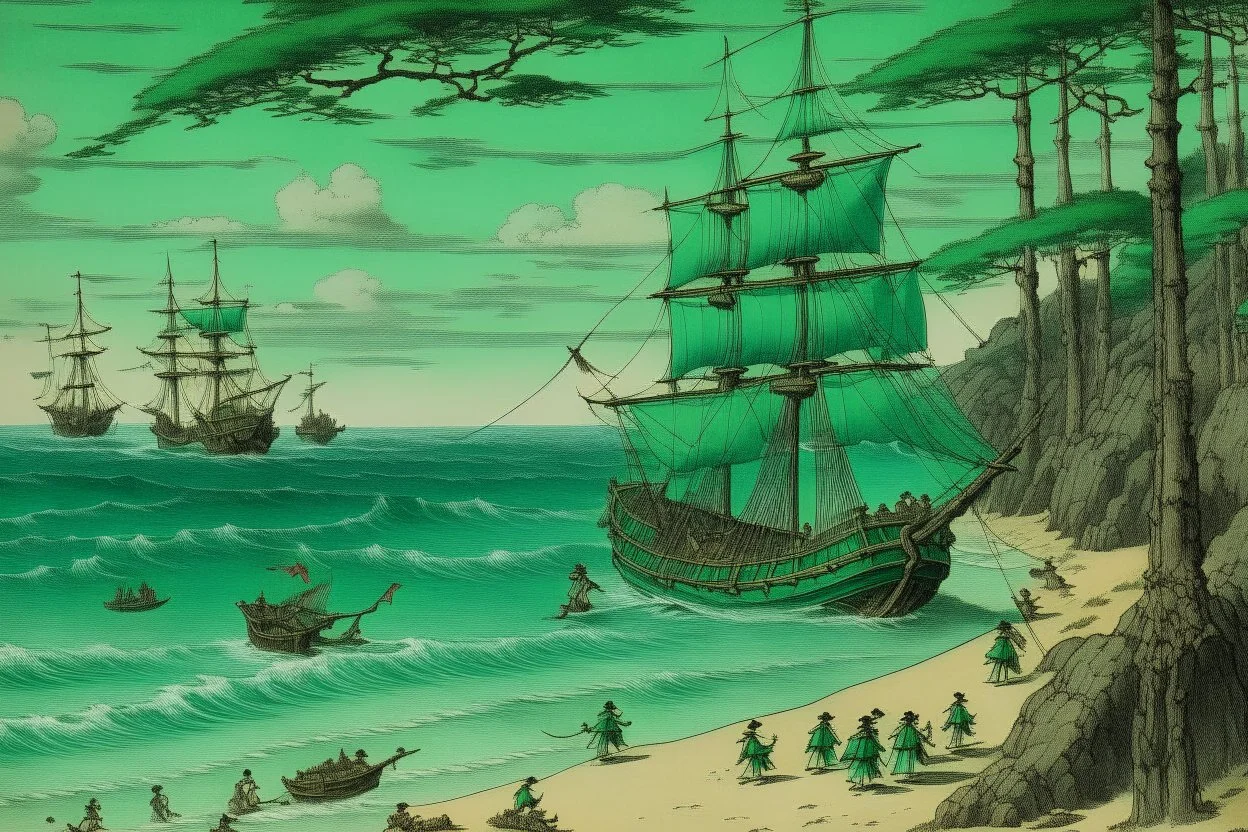 A bluish green beach with a pirate ship painted by Utagawa Hiroshige