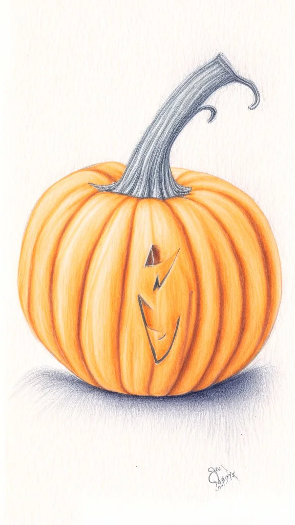 pencil drawing of a pumpkin. Spooky, scary, halloween, white background, colored pencils