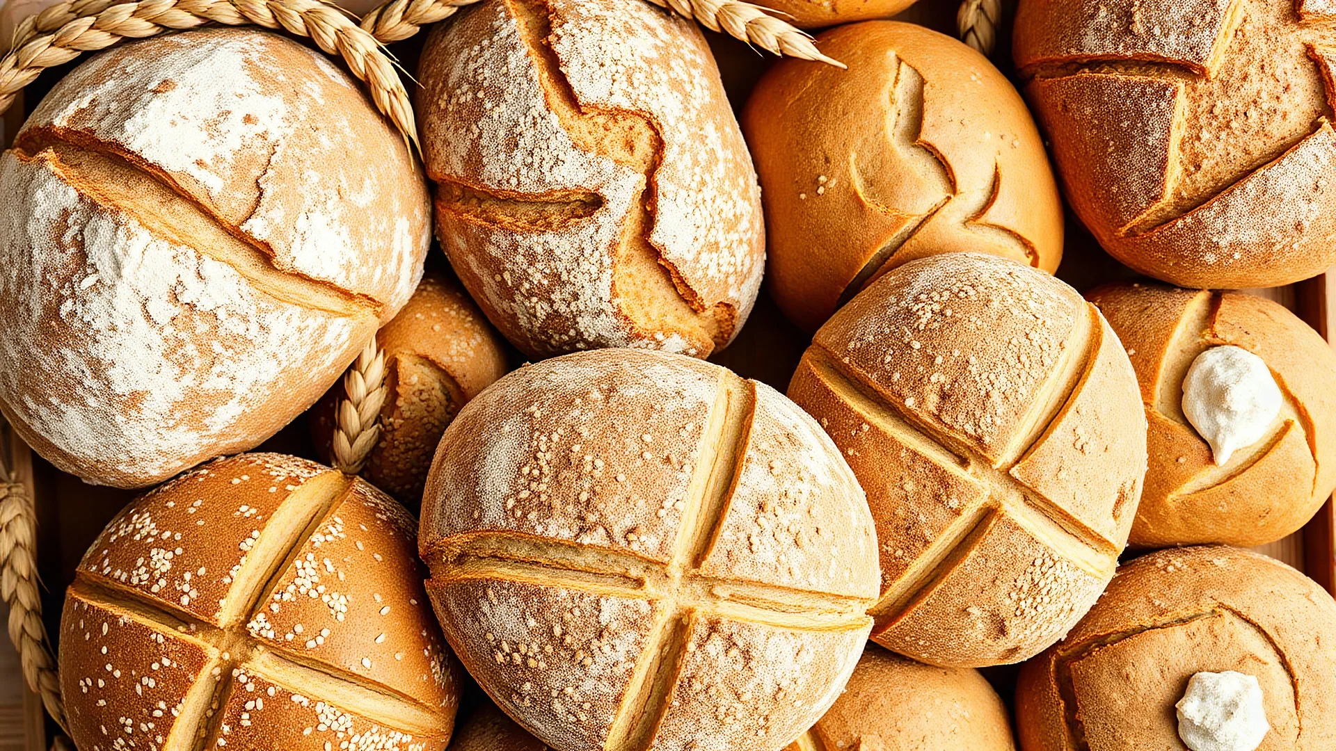 A design full of real baked breads decorated with wheat and flour and wheat, barley and sesame seeds.