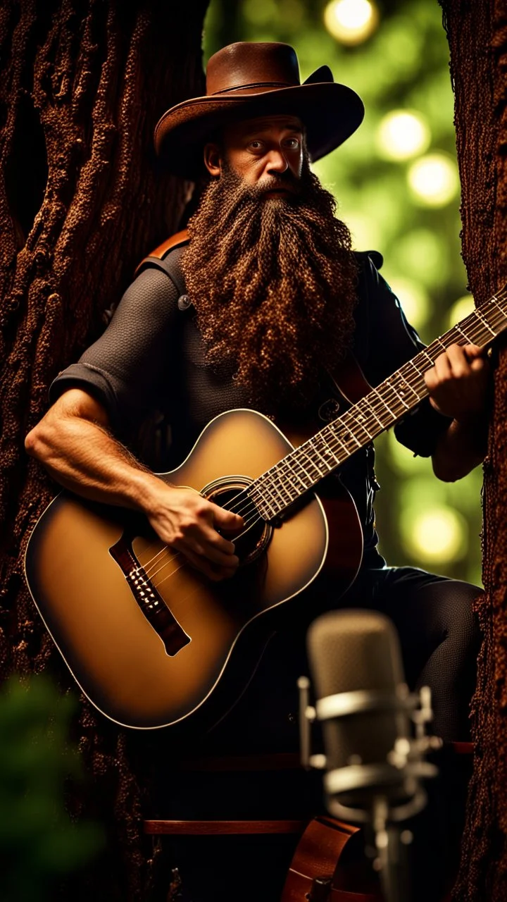 portrait of hairy rock guitar ninja sweet cucumber cowboy living inside a tree house in a hollow huge tree growing light bulbs, singing into ornate studio mic,bokeh like f/0.8, tilt-shift lens 8k, high detail, smooth render, down-light, unreal engine, prize winning