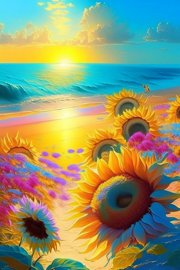 Morning, sun rays, light blue color, clear sky, bright sea, many sunflowers, in front of the sea, pink, yellow, orange, green, orchard, sand