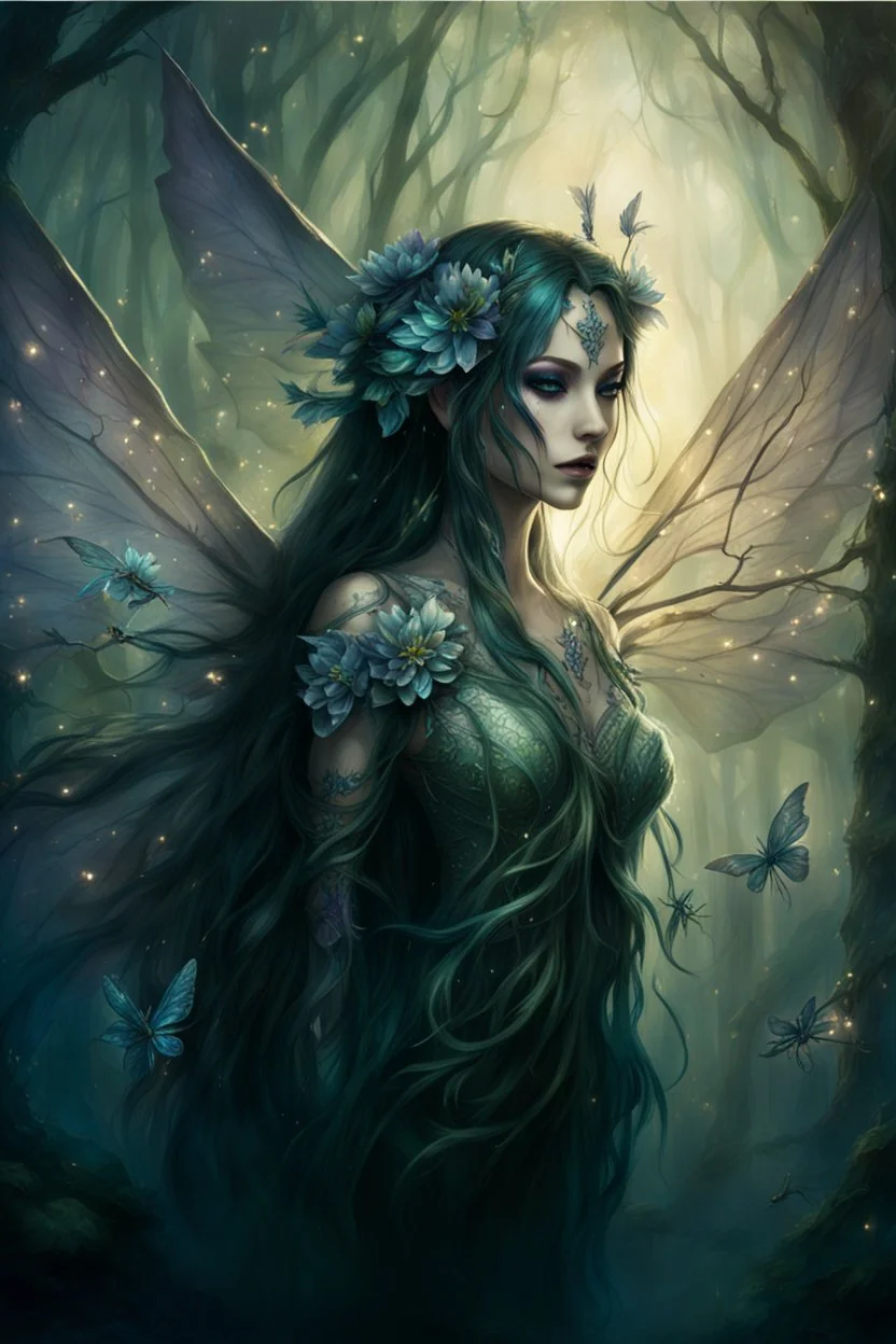 Blue hair , , dark Fairy wings Purple hair,water lilies,dark fairy princess,nymph,elven crown,dragonflies,tiara,,gothic,glitter,rapunzel hair, very long hair, sparkle