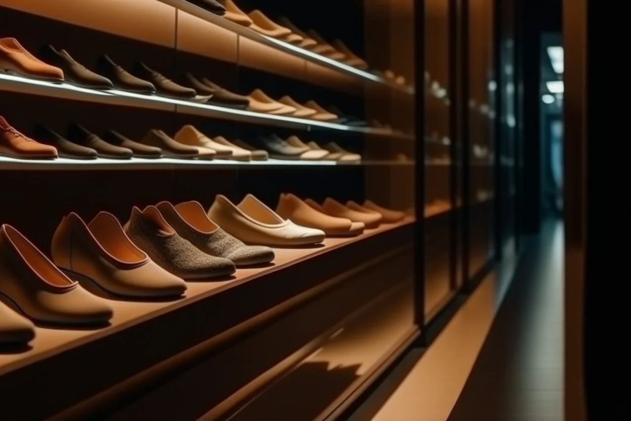 showcase of a shoe store in Spain, front view, warm light, close-up