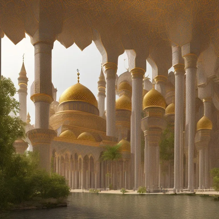 Paradise, a mosque on the river, a future city, realistic, Quran, and cinematic license.