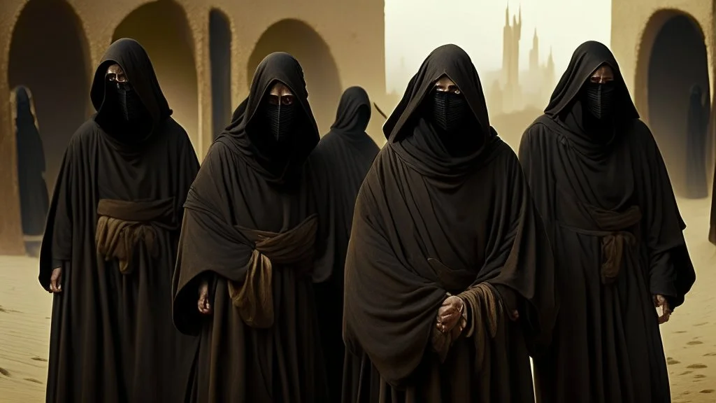 hooded monks in black robes in egypt