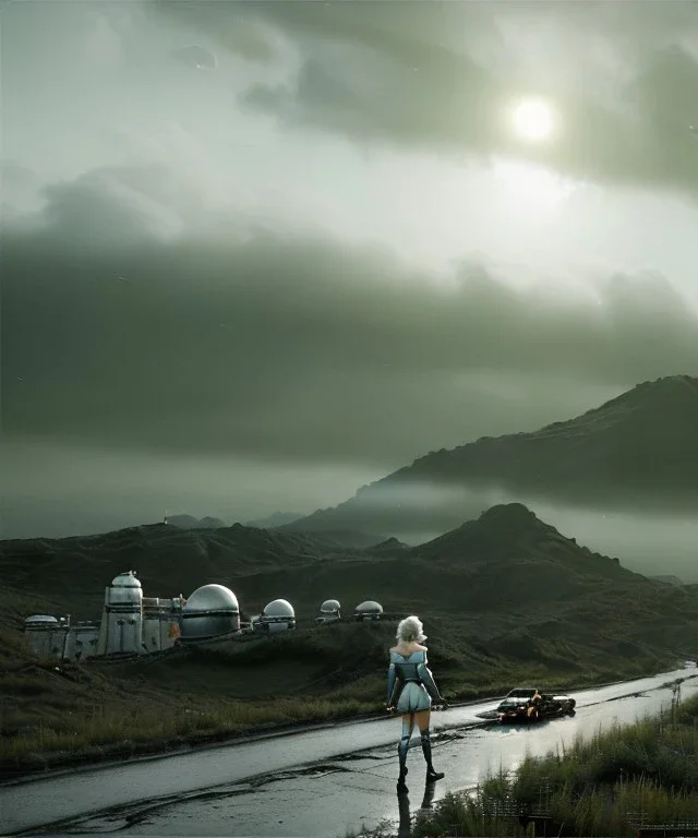 Ultra Realistic retro sci-fi scene, portrait, 2 blonde woman clones, sweet young Marilyn Monroe face, perfect iris, tight latex coat, helmet, Strange planet background. Spaceship, fog, rain, soft color, highly detailed, unreal engine 5, ray tracing, RTX, lumen lighting, ultra detail, volumetric lighting, 3d, finely drawn, high definition, high resolution.