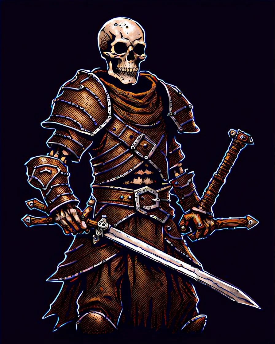 tabletop RPG skeleton warrior with sword and shield and rusted chainmail rpg art no background