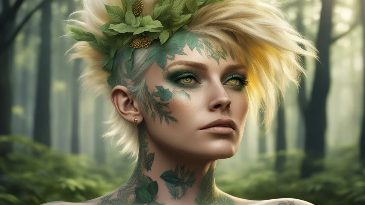 punk blonde 45 years old, forest on head, plant hair, green plants, birds, golden makeup, tattoo, shiny aura, very detailed, fine rendering, high detail, high resolution, 8K