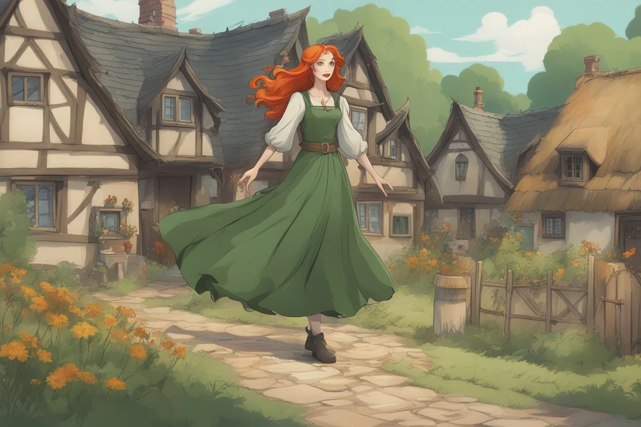 Full body shot of a tall slim pretty, red-headed young female witch, casting magical glowing symbols into the air, dressed in a long flowing green dress, standing in front of a row of cottages and shops with thatched roofs