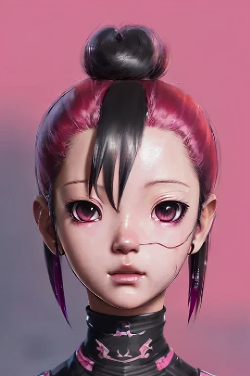 Detailed cute anime Kunoichi girl, pink hair buns, pink bangs, black latex bodysuit, intricate details, full body portrait, keep head in frame, slight smile, black Japanese motif, concept art, highly detailed, digital painting, concept art, sharp focus, illustration, art by Yoji Shinkawa, WLOP and greg rutkowski and alphonse mucha and artgerm and yanjun Chen and Junji ito and Makoto Shinkai, HDR, octane render