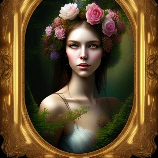 romantic fantasy spray painting, portrait of painter, foliage frame