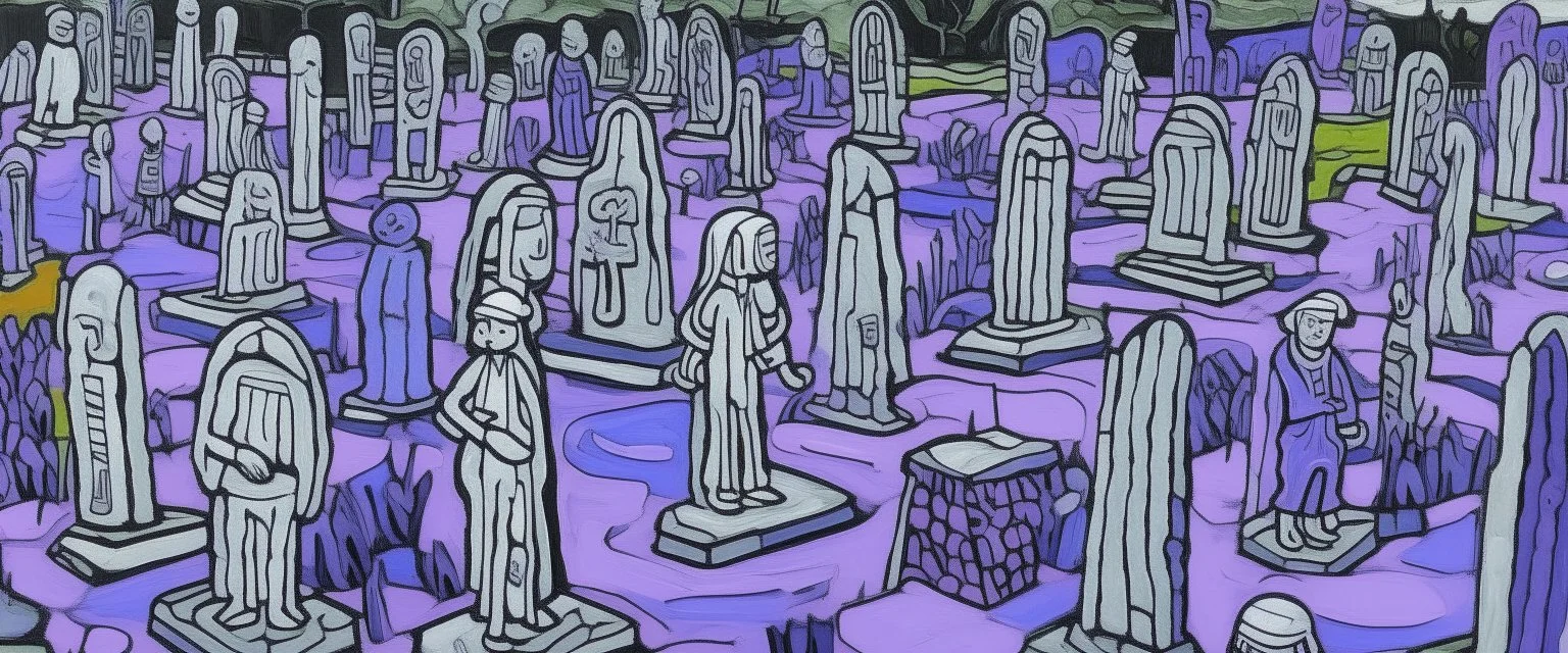 A light purple graveyard with ghosts painted by Jean Dubuffet