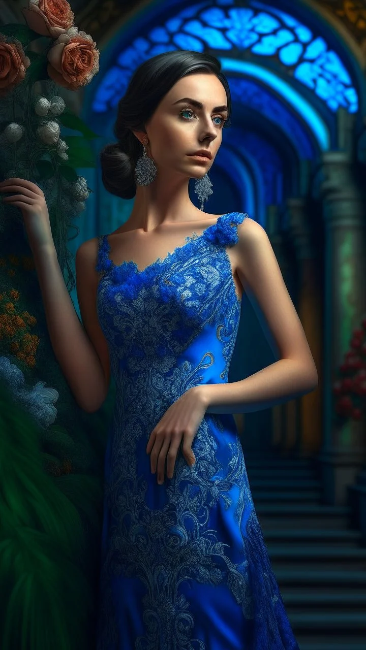 a beautiful woman in blue floral maxi, intricate details, HDR, beautifully shot, hyperrealistic, sharp focus, 64 megapixels, perfect composition, high contrast, cinematic, atmospheric, moody detailed matte painting, deep color, fantastical, intricate detail,