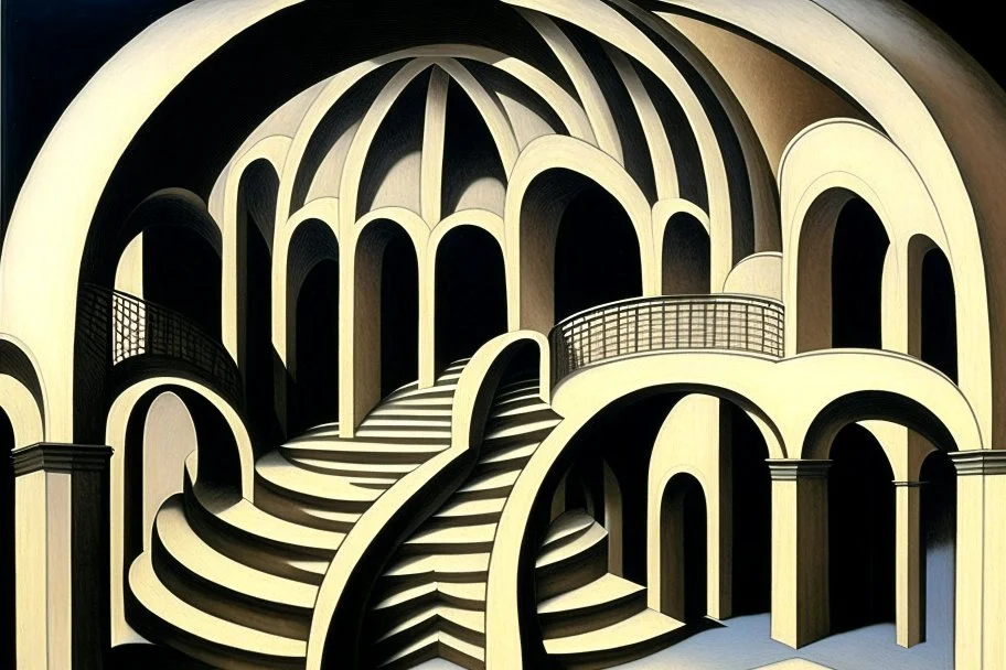 arches arranged in a semicircle, in the middle a slim round tower with an external spiral staircase, symmetrical, by artist "de Chirico",by artist by artist "Escher"