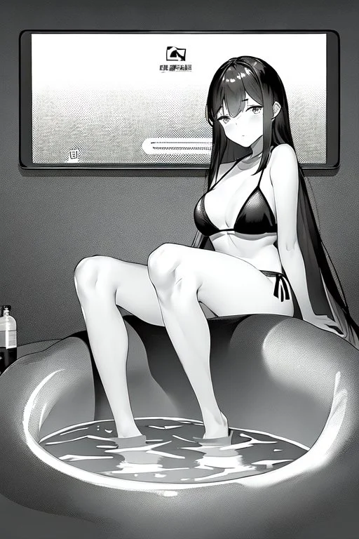 bikini long hair thin girl with leg in abyss pool, greyscale, sexy pose, screen tones