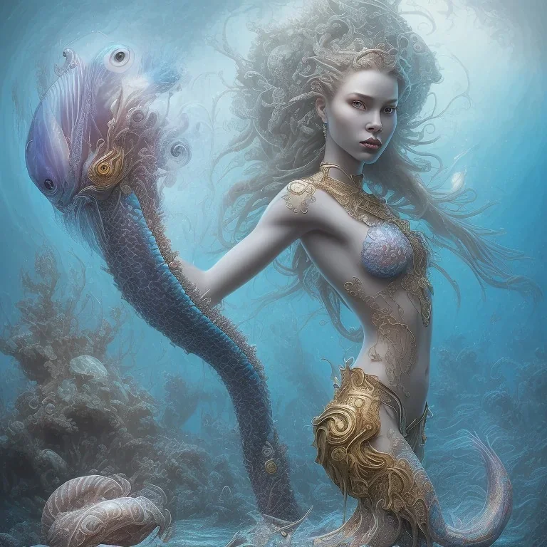 sango fantasy, fantasy magic, intricate, sharp focus, illustration, highly detailed, digital painting, concept art, matte, artgerm and paul lewin and kehinde wiley, masterpiece sexy lips Hawaiian afro lips black African lady body mermaid lionfish head blue space lady beach sea under water mermaid seaweed pyramid