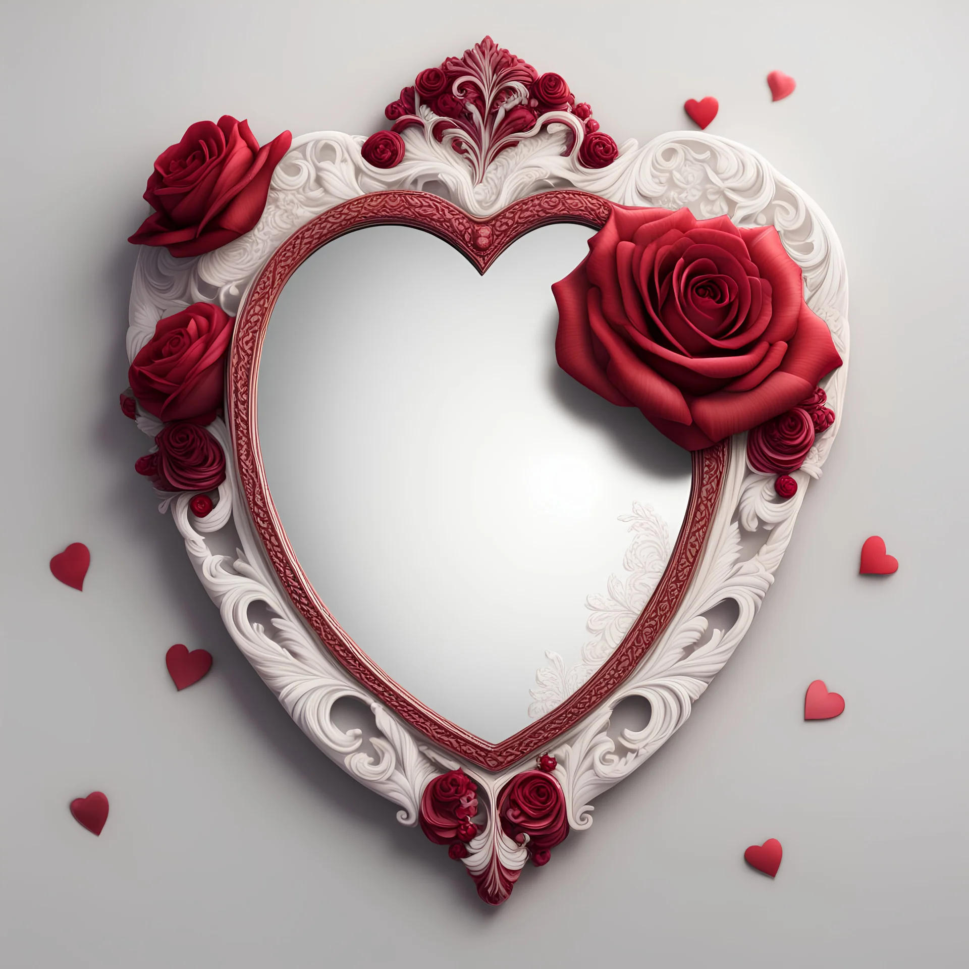 a Valentine's red hand mirror with white lace and rubies and roses, on a white background, trending on Artstation, {creative commons}, fanart, AIart, {Woolitize}, by Charlie Bowater, illustration, color correction, Filmic, Nikon D750, Brenizer method, Side View, Perspective, Depth of Field, Field of View, F/2.8, Lens Flare, Tones, 8K, Full HD, ProPhoto RGB, Perfectionism, Edge Lighting, Natural Light, Soft Lighting, Accent Lighting, Diffraction Correction, Imperfect