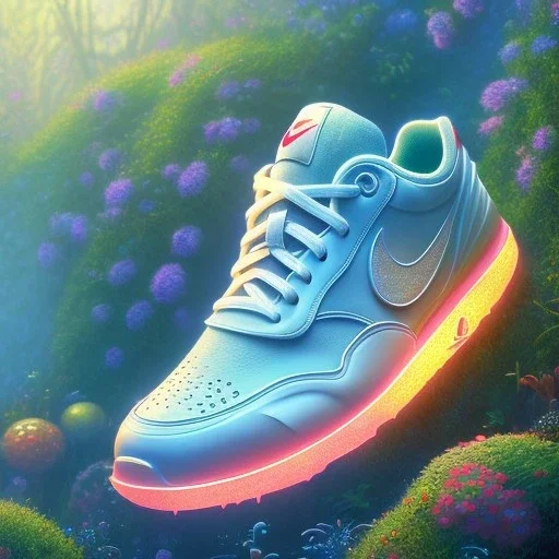 pixar style, volumetric summer garden environment and background, hyper realistic painting of best 3d puffer Nike sneaker, looking excited, volumetric lighting, dramatic lighting, detailed digital painting, anime, ornate, colour-saturated colors, chaotic, small minutiae, tiny features, particulars, centered, smooth, sharp focus, renderman gofur render, 8k, uhd, detailed eyes, realistic shaded volumetric lighting, sunlight caustics, backlight, centered camera view