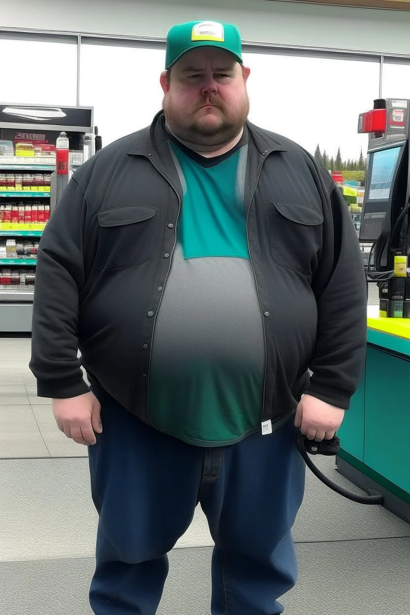 fat guy works at a gas station