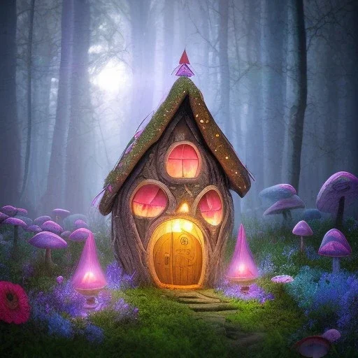 fairy house in the forest, blue and pink lights mushrooms and big flowers around