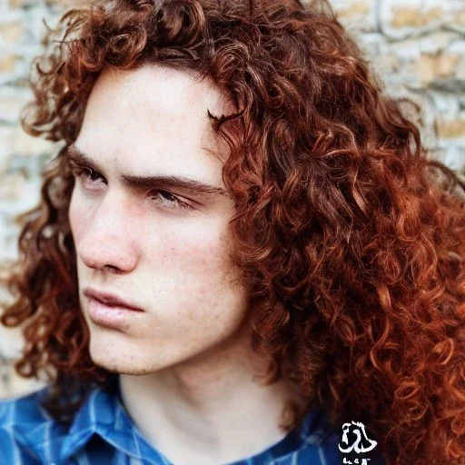 teen, male, with long red curly hair, head shot, model, real photo, soft lighting