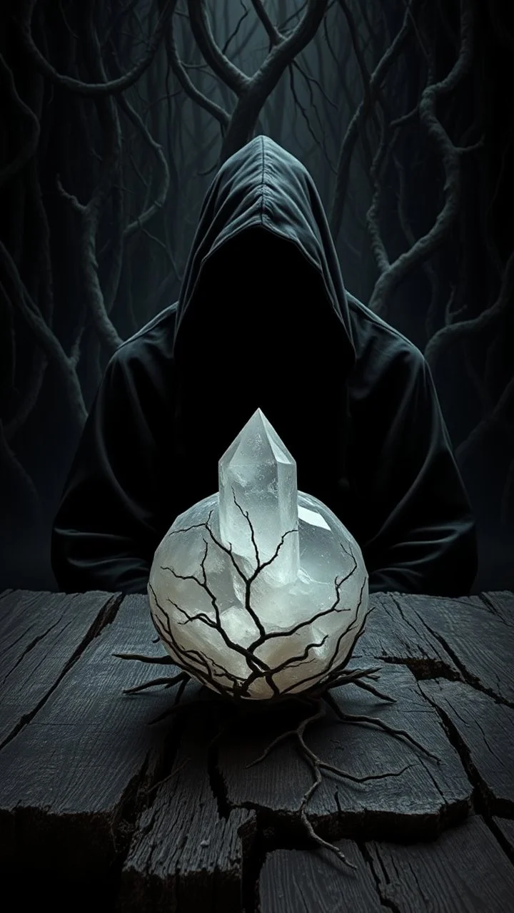 A hooded black shadow creature with no face in the background of black vein, human veins, mixing together a lot of them, like a forest, big an ball small veins a lot of them, a crystal sitting on an old broken table