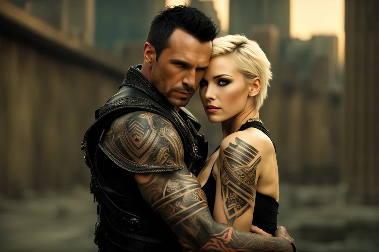 Jason David Frank short dark hair with tribal tattoos hugging pretty blonde shorthaired girl, photo realistic, dark fantasy, cityscape