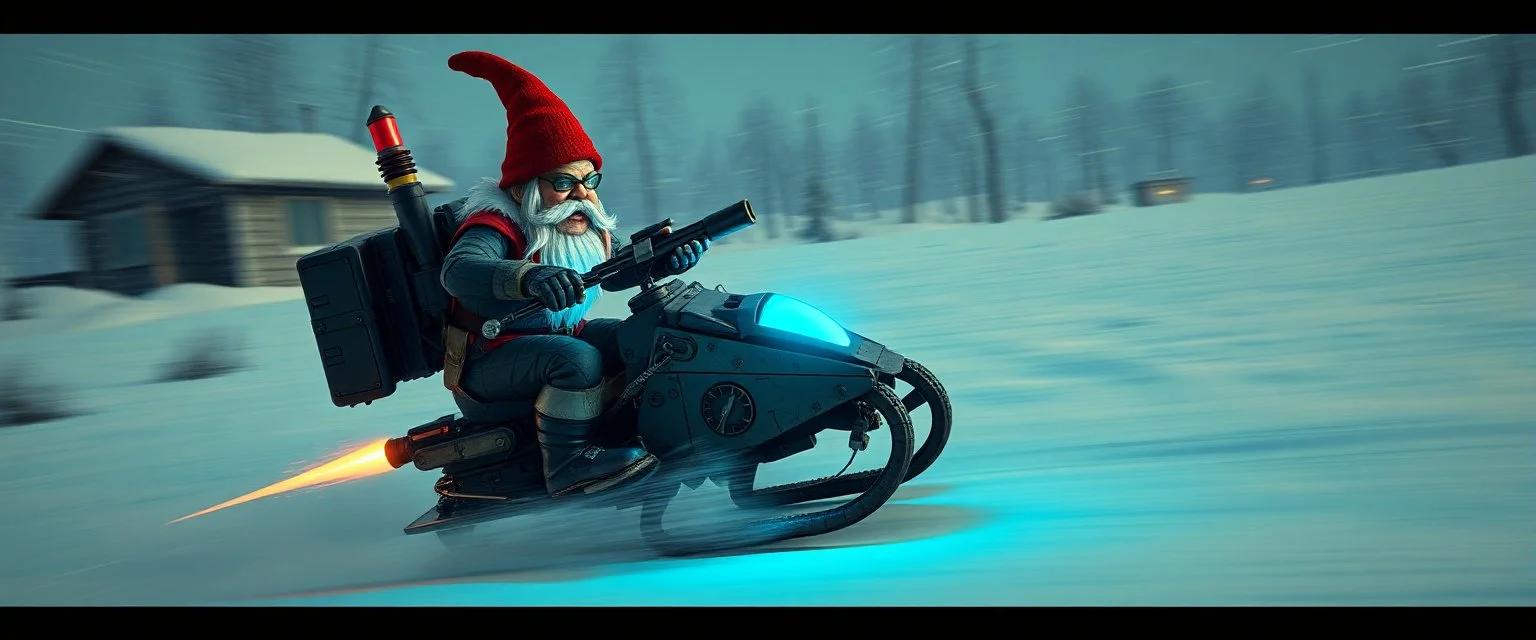 gnome hit man with rocket boots in suit on a mech sled in winter wasteland, style of fallout 4, high speed with motion blur