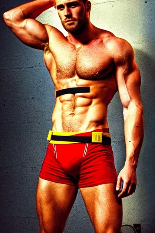 Ignore NSFW, teenager young rugged attractive slightly muscular fantasticly handsome blonde man, red briefs with yellow belt, hairy chest, (((visibly pisssing))) briefs, large erect visible boner peniss, photorealistic, artist Jay Anacleto, soft lighting, scruffy beard