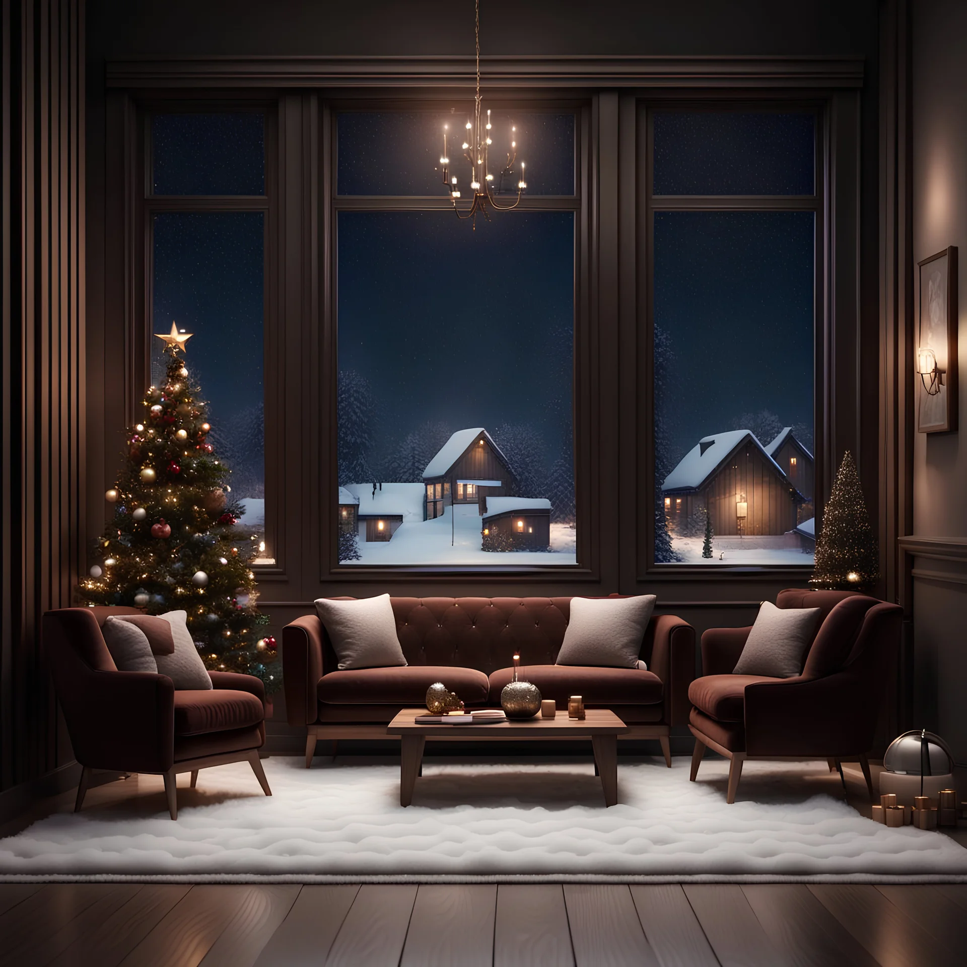 Hyper Realistic Dark Brown Living Room With Small Empty Wooden Frame & Fancy Velvet Furniture & Christmas Decoration at snowfall night from window view