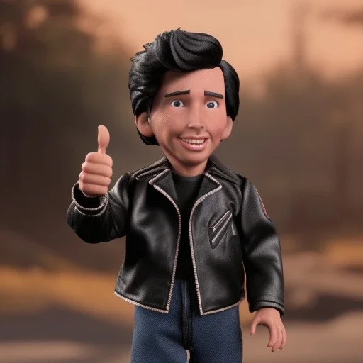 wide view young Fonz with black hair greaser figure doll 1985 (thumbs-up) (face) Forehead grin, fonzarelli, ((arnold's drive-in)) fonzie