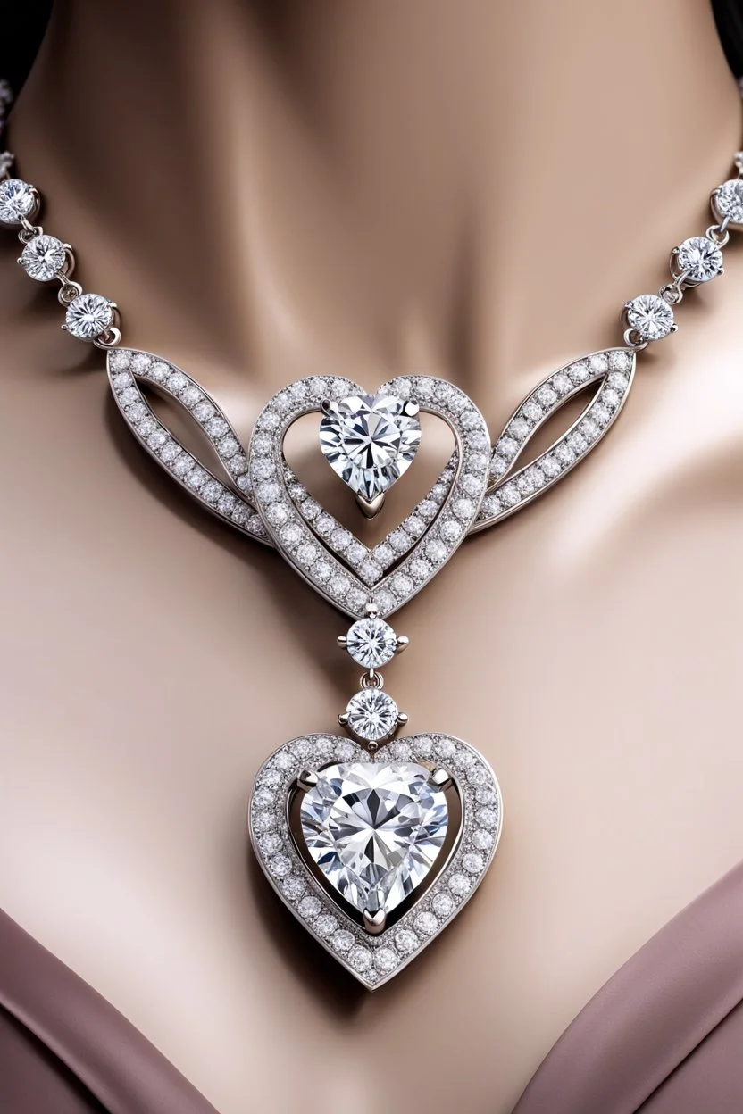 Create a visually stunning and luxurious image of a diamond necklace with a big symmetrical heart shape diamond at the center and 3 layers loops of small round diamonds around it