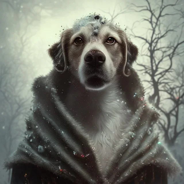 close up of sad, abandoned, miserable dog chained to a tree, robed Grim Reaper standing nearby, winter, house, 8k resolution, high-quality, fine-detail, iridescent, intricate, digital art, detailed matte, volumetric lighting, illustration, 3D octane render, brian froud, howard lyon, selina french, anna dittmann, annie stokes, lisa parker, greg rutowski