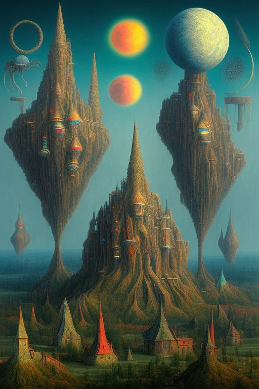 A surreal landscape with odd houses in Max Ernst style