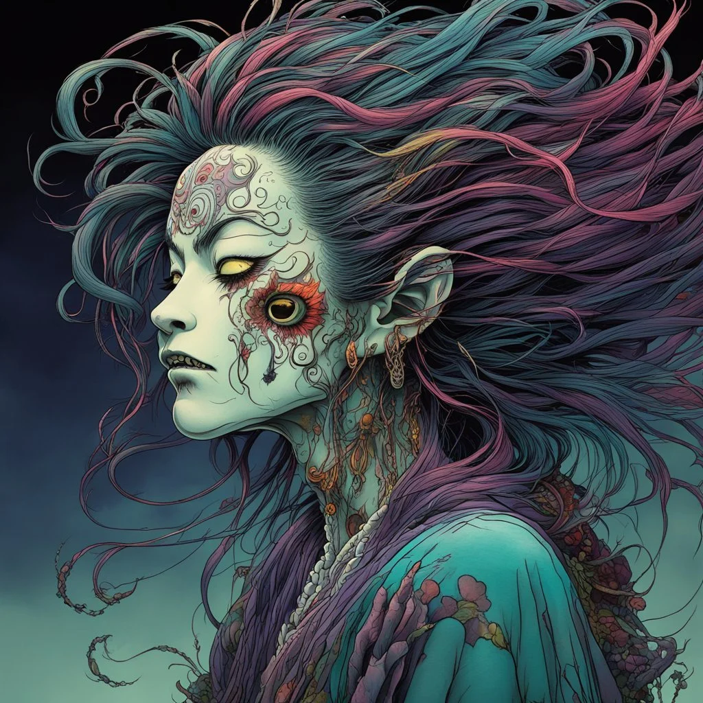 full color 3/4 profile portrait of a haggard and malevolent Harionago yokai "Barbed Woman" with wild, highly detailed hair and slim, narrow facial features, in a haunted Chaniwa garden, pierced by shafts of moonlight , art in the style of Alex Pardee, spirited away, studio ghibli, , 8k , finely detailed and precise line work, soft gauzy pastel colors