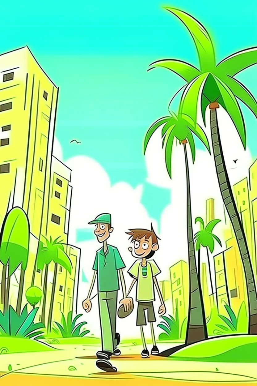 city palm trees old and boy walk cartoon