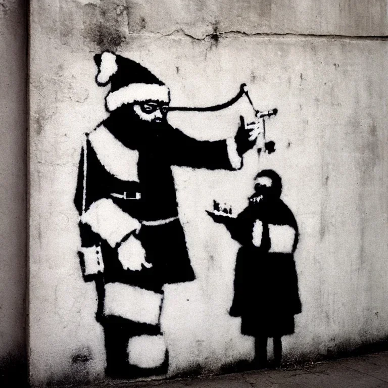 santa, banksy wall, 35mm film