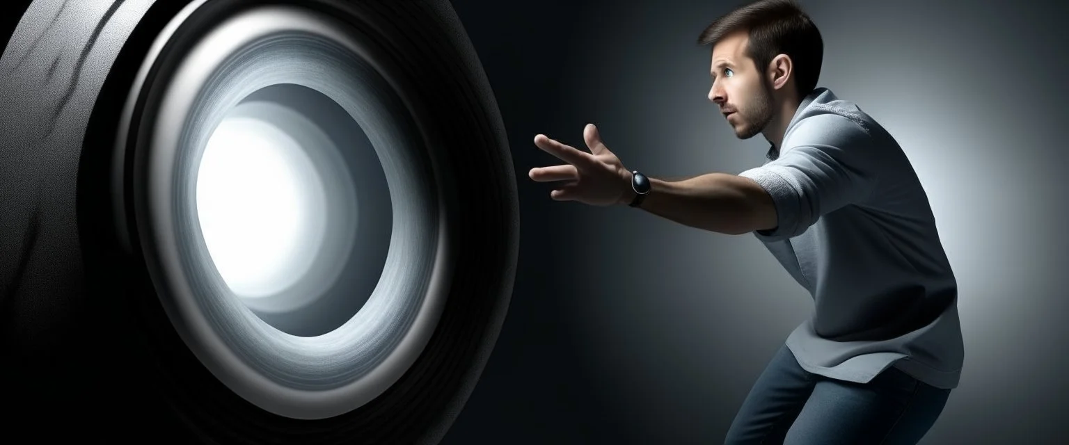 scared man sticks his arm into teleportation device portal for testing, the arm comes out of a hole just beside the portal