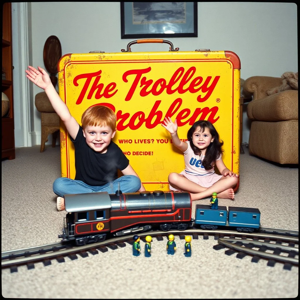 vintage 35mm photograph captures a yellow, rusted metal toy box with red script text reading "THE TROLLEY PROBLEM" with byline in smaller text "WHO LIVES? YOU DECIDE!" placed in a living room. One red-haired boy and one dark haired girl with smiling, exuberant expressions sit cross-legged on a carpeted floor with one arm raised in the air in jubilation. In front of the children, an electric model train lies crashed on its side and smoking near a fork in the train tracks where 5 plastic minifigs