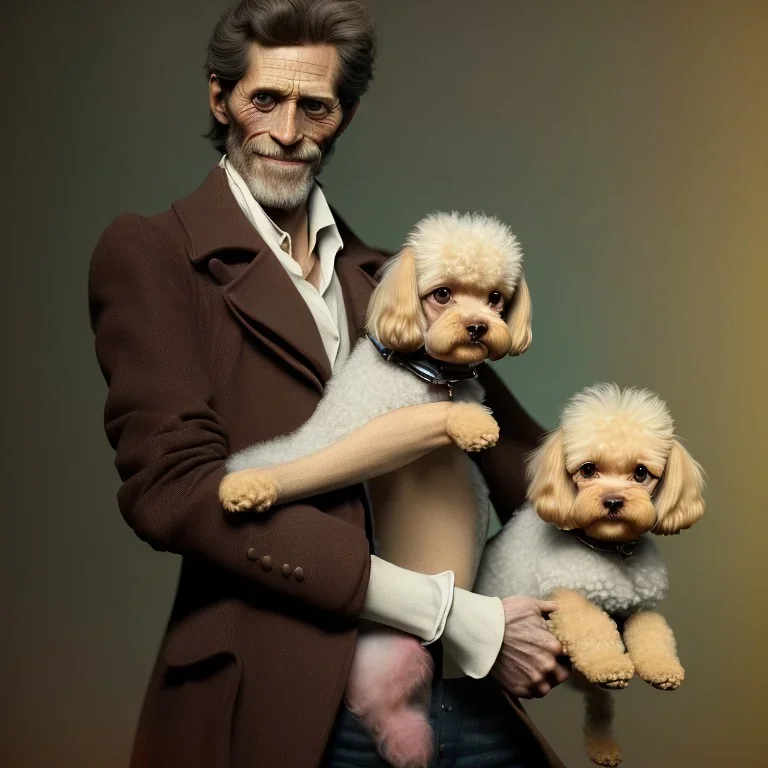 Portrait of an aristocratic Willem Dafoe holding a toy poodle in his arms, 8k, HD, cinematography, photorealistic, Cinematic, Color Grading, Ultra-Wide Angle, Depth of Field, hyper-detailed, beautifully color-coded, insane details, intricate details, beautifully color graded, Cinematic, Color Grading, Editorial Photography, Depth of Field, DOF, Tilt Blur, White Balance, 32k, Super-Resolution, Megapixel, ProPhoto RGB, VR, Halfrear Lighting, Backlight, Na