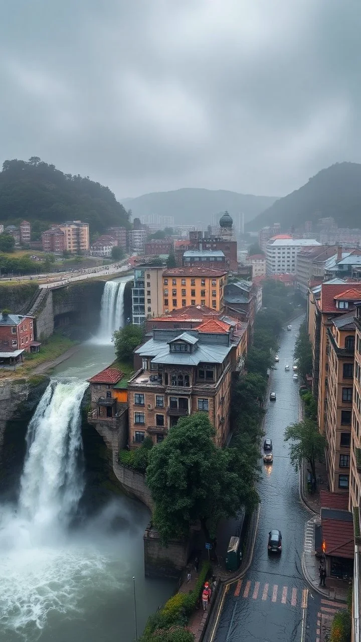 A waterfall from a high buildings and flooded streets