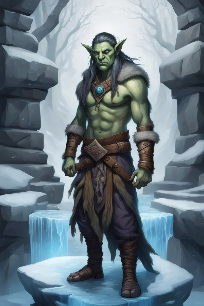 full body portrait of psionic ancient half elf half orc shaman thief in inviting pose on ice stone bridge, book cover