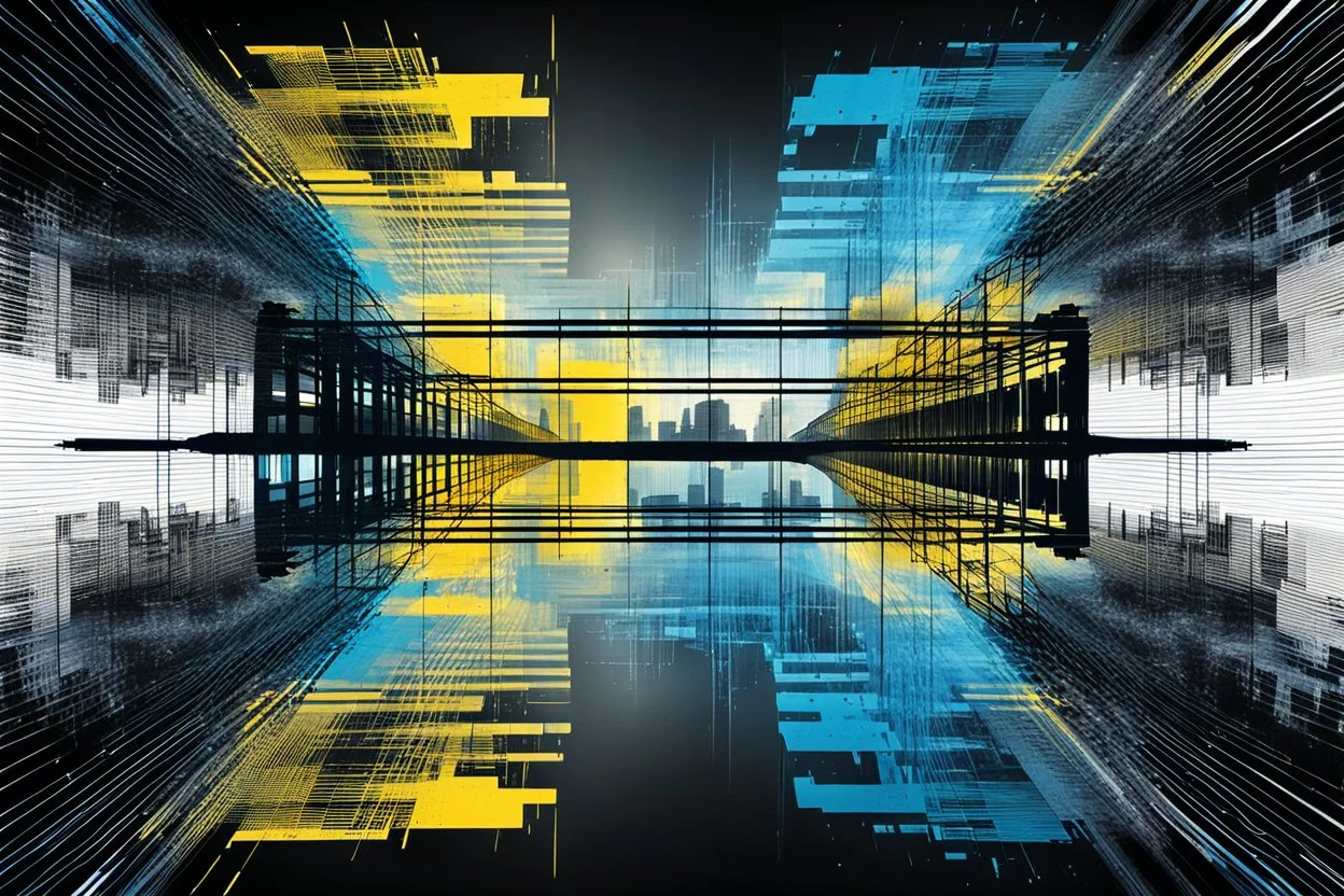 Double exposure transparent glich picture silhouette of a building, bridges, abstract patterns, glitch art with distorted shapes, optical illusion, gray-yellow and blue gradient effect, rhythmic noise particles. Grain scored texture. Black background.