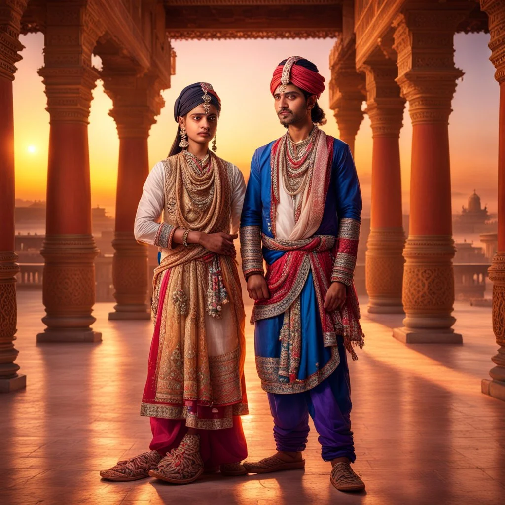 Hyper Realistic Photographic-Zoomed-View Of Rajasthani Brother & Sister With A Traditionally Rajasthani Attire Standing Inside a Rajasthani-Palace Dramatically & Happily Looking At Sunset showing dramatic & cinematic ambiance.